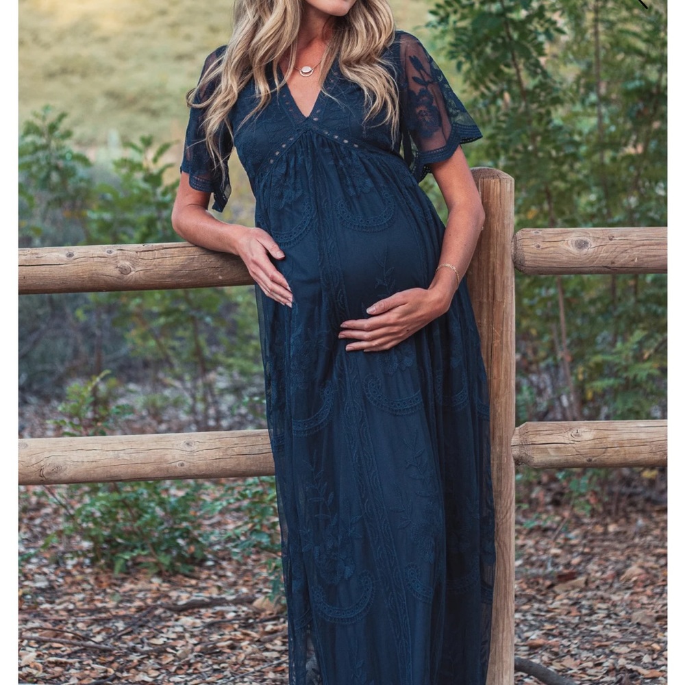 Pinkblush Lace Mesh Overlay Maternity Maxi Dress Navy Blue